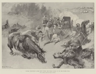 Captain Thatchers Pferd wird unter ihm erschossen, während er zu den Maxim-Maschinengewehren reitet