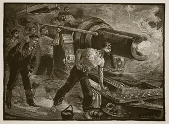 Seekrieg: Bedienung einer Schiffskanone, graviert von W.J. Palmer