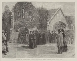 Die Beerdigung des verstorbenen Herzogs von Clarence und Avondale, Besucher in Sandringham warten auf ihren Einlass an der Kirchentür, 18. Januar 1892