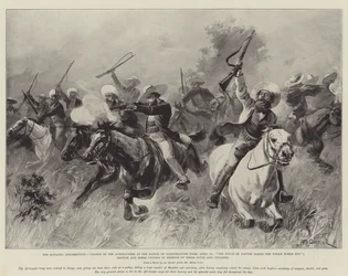 Der Matabili-Aufstand, Angriff der Afrikander in der Schlacht von Colenbrander Farm, 25. April, Eine Berührung der Natur macht die ganze Welt verwandt; Briten und Buren vereinen sich zur Verteidigung ihrer Frauen