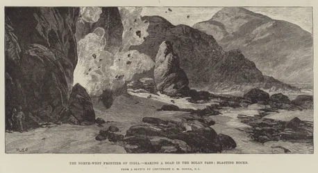 Die Nordwestgrenze Indiens, Straßenbau im Bolan-Pass, Sprengung von Felsen