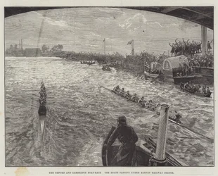 Das Oxford und Cambridge Bootsrennen, die Boote passieren die Barnes Railway Bridge
