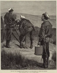 Der Zulukrieg, Garnison von Fort Pearson, am unteren Tugela, beim Gatling-Geschütz-Üben