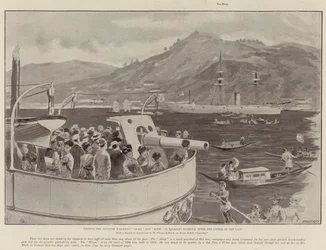 Besuch der japanischen Kriegsschiffe Akagi und Hiyei im Hafen von Nagasaki nach der Schlacht am Yalu