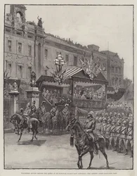 Freiwilligenüberprüfung vor der Königin im Buckingham Palace letzten Samstag, der Künstlerkorps marschiert vorbei