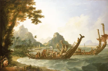 Die Kriegsschiffe der Insel Otaheite (Tahiti) und der Gesellschaftsinseln, mit einem Blick auf einen Teil des Hafens von Ohaneneno auf der Insel Ulieta, einer der Gesellschaftsinseln