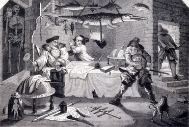 Hudibras greift den Astrologen Sidrophel und seinen Diener Whacum an. Gravur von William Hogarth für das Gedicht „Hudibras“ von Samuel Butler (17. Jahrhundert). Um 1725