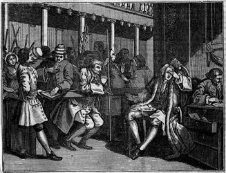 Tafel aus einer Serie von 12 Gravuren von William Hogarth (1697-1764), britischer Illustrator, betitelt „Industry and Idleness“, „Eifer und Faulheit“, erzählt die Karrieren von zwei Lehrlingen: Thomas Idle, schuldig seiner Laster, wurde von Goodchild, der 