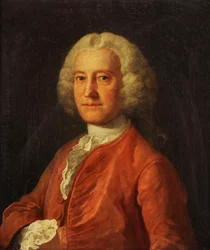 Porträt von Samuel Martin, Brustbild, in einem rosa Mantel, weißem Halstuch und weißem Spitzenhemd, mit seiner rechten Hand in seine Jacke gesteckt, ca. 1763