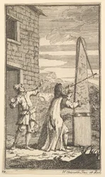 Sidrophel untersucht den Drachen durch sein Teleskop, Siebzehn kleine Illustrationen für S..., 1721-26