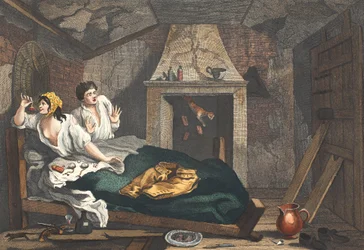 Der faule Lehrling kehrt vom Meer zurück und ist in einer Dachkammer mit einer gewöhnlichen Prostituierten, Platte VII von 