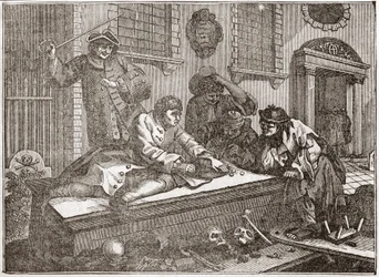 Der faule Lehrling beim Spielen auf dem Kirchhof während des Gottesdienstes - Platte aus einer Serie von 12 Gravuren von William Hogarth (1697-1764), britischer Illustrator, betitelt „Fleiß und Faulheit“, „Der Eifer und die Faulheit“