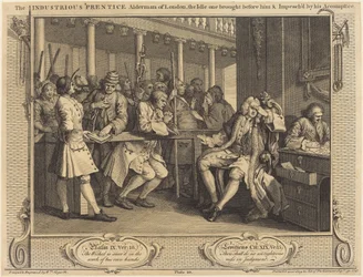 Der fleißige Lehrling, Alderman von London, der faule vor ihm gebracht und von seinem Komplizen angeklagt
