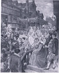 Der feierliche Einzug von Königin Maria in Edinburgh 1561, aus Cassells Geschichte des britischen Volkes, veröffentlicht von der Waverley Book Company, ca. 1950er Jahre