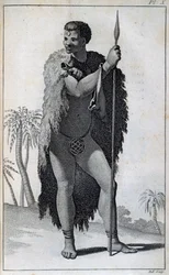 Khoikhoi-Mann (Hottentotte), aus Reisen von Le Vaillant ins Innere Afrikas über das Kap der Guten Hoffnung, in den Jahren 1783