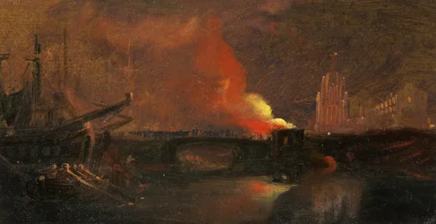 Bristol-Unruhen: Das Brennen der Maut-Häuser auf der Prince Street Bridge mit St Mary Redcliffe, ca. 1831