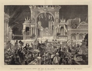 Die Illuminationen in Kalkutta während des Besuchs des Prinzen von Wales, die Menschenmenge auf den Straßen