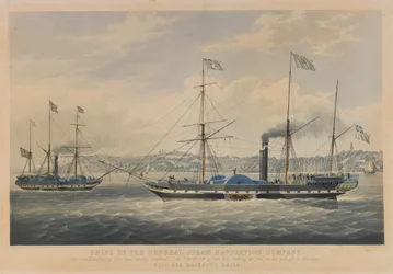 Schiffe der General Steam Navigation Company. Die Caledonia von 800 Tonnen verlässt Hamburg - Die Neptune von 800 Tonnen fährt in die Elbe auf ihrer Passage nach Hamburg, mit den königlichen Posten