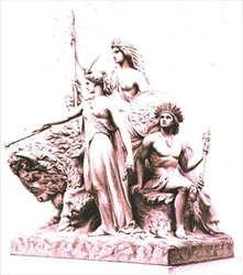 Amerika, graviert vom Künstler nach der Marmorgruppe von John Bell (1811-95) am Albert Memorial, Hyde Park, veröffentlicht von Virtue and Company