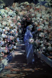 Die Braut. Eine junge Braut pflückt Blumen unter einem Bogen im Garten. Gemälde von William Kennedy (1859-1918 Britisch) Privatsammlung