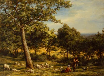 Ein Hirte und seine Herde in einem sonnenbeschienenen Wald