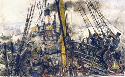 Kohlesammler an Bord eines Schiffes, die Kohleladung aus dem Frachtraum mit einem Flaschenzugsystem hebend