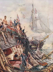 Beschädigt, aber unbesiegt: die Belleisle bei Trafalgar am 21. Oktober 1805, Illustration aus „Britische Schlachten zu Land und zu Wasser“, veröffentlicht von Cassell, London, um 1910