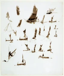Studien von Hausbooten auf der Themse (England). Gouache aus einem Notizbuch, ca. 1890, von William Lionel Wyllie (1851-1931)