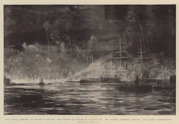 Die Marineparade in Spithead vor dem Prinzen von Wales zu Ehren des Diamantenen Jubiläums der Königin, die Flotte beleuchtet