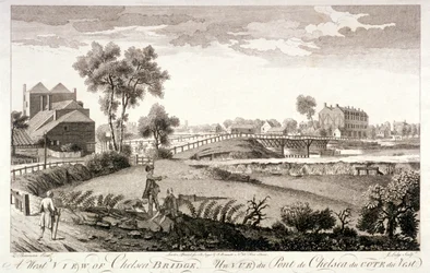 Westansicht der Chelsea Bridge, London, ca. 1760