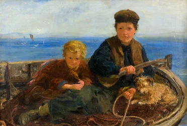 Zwei Jungen und ein Hund in einem Boot, ca. 1871