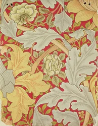 Akanthusblätter und Wildrose auf einem purpurroten Hintergrund, Tapetendesign