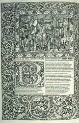 Szene aus "Troilus und Criseyde", historiierte Initiale "B", Manuskript mit ganzseitigem Rand, 1896