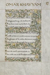 Die Rubaiyat von Omar Khayyam; Verse 55 - 57. Kalligraphisch geschrieben und dekoriert von William Morris, mit Rändern aus Laub und Blumen