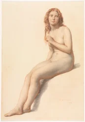 Weiblicher Akt, sitzend, Dreiviertelansicht von vorne, 1859