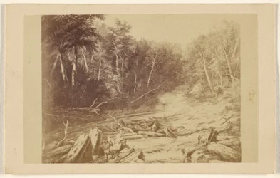 Kopie eines Gemäldes, das eine Flusslandschaft mit einem Mann in einem Kanu beim Angeln darstellt
