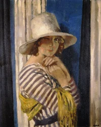 Mrs Hone in einem gestreiften Kleid, um 1912