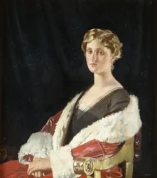 Porträt von Nancy Oswald Smith, sitzend, halblang, in einem roten pelzgefütterten Mantel