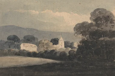 Landschaft mit einer Kirche zwischen Bäumen