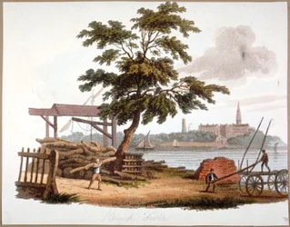 Männer bewegen Holz in Bankside, Southwark, London, ca. 1810