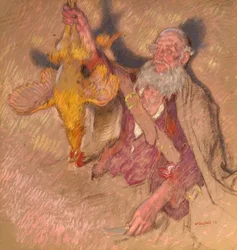 Studie eines Mannes, der einen Hahn für Highland Raiders hält