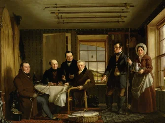 Diskussion über einen Lachsfang in einer schottischen Fischerhütte, ca. 1840