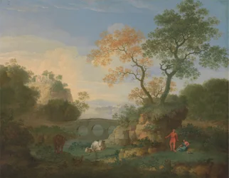 Eine Landschaft mit fernen klassischen Ruinen, einer Brücke, Figuren und Vieh