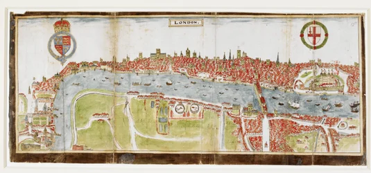 Sloane 2596, f.52 Ansicht von London von Süden, zeigt die Themse, die London Bridge und den Tower