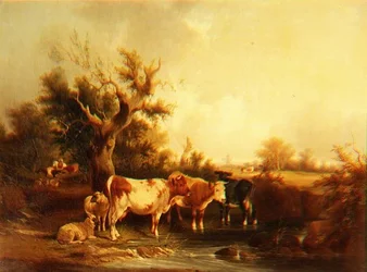 Eine bewaldete Landschaft mit Vieh an einem Bach