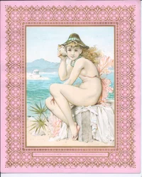 Viktorianische Neujahrskarte von einer badenden Schönheit am Strand, die eine Muschel ans Ohr hält, ca. 1881