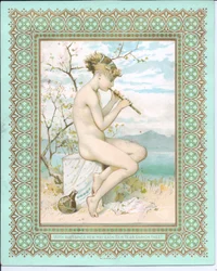 Viktorianische Neujahrskarte von einer badenden Schönheit am Strand, die eine Flöte spielt, ca. 1881