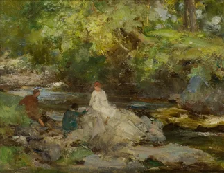 Drei Figuren an einem Fluss
