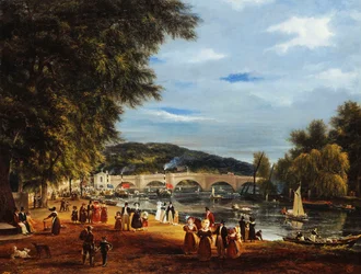 Ansicht der Richmond-Brücke mit Booten auf dem Fluss und promenierenden Figuren