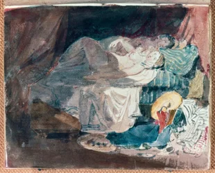 Nacktes Mädchen und eine Begleitperson auf einem Bett